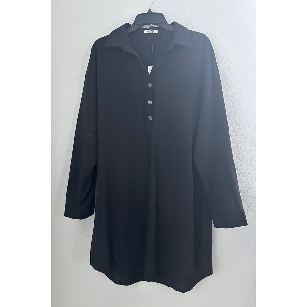 NWT‎ Zeagoo Women's Mini Shirt Dress L Black Cotton Roll Tab Grunge Goth Resort